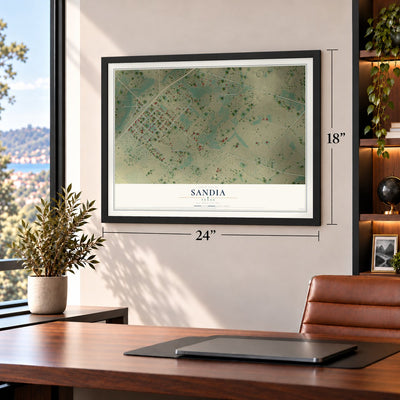 Sandia, Texas map, 18 x 24 inch print in a black frame in a home office