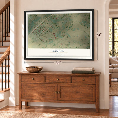 Sandia, Texas map, 24 x 36 inch print in a black frame above a dresser by a staircase