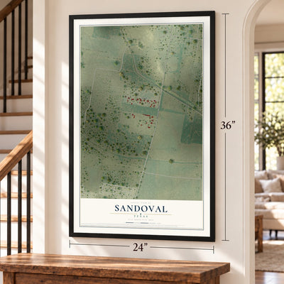 Sandoval, Texas map, 24 x 36 inch print in a black frame by a staircase