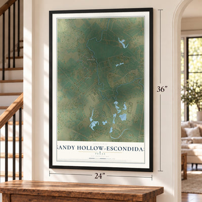 Sandy Hollow-Escondidas, Texas map, 24 x 36 inch print in a black frame by a staircase
