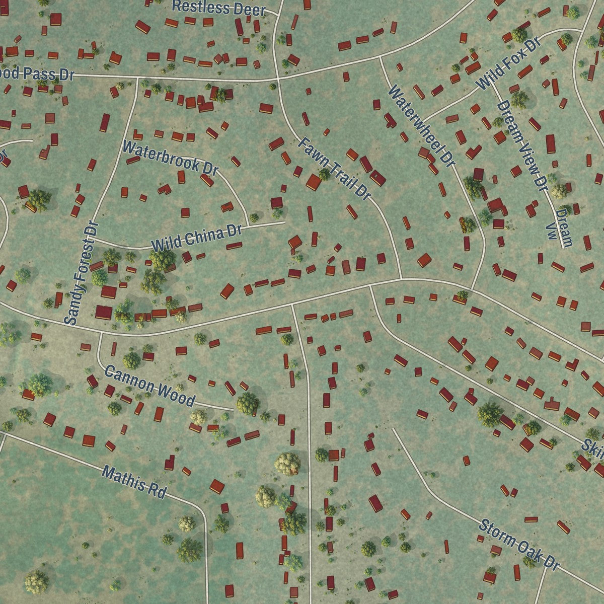 Second close-up of the map of Sandy Oaks, Texas print showing more streets and buildings