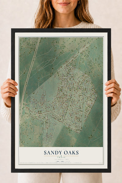 Map of Sandy Oaks, Texas, 18 x 24 inch print in a black wood frame