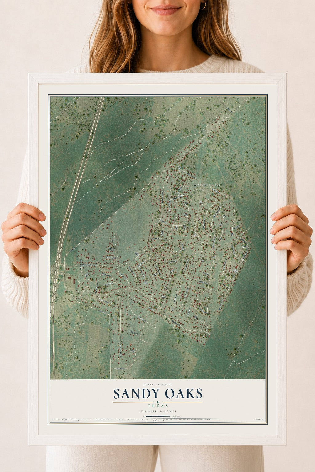 Map of Sandy Oaks, Texas, 18 x 24 inch print in a white wood frame