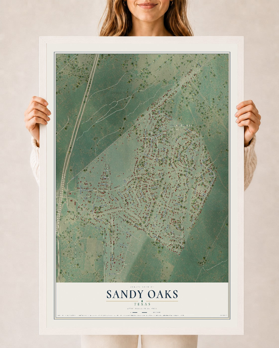 Map of Sandy Oaks, Texas, 24 x 36 inch print in a white wood frame