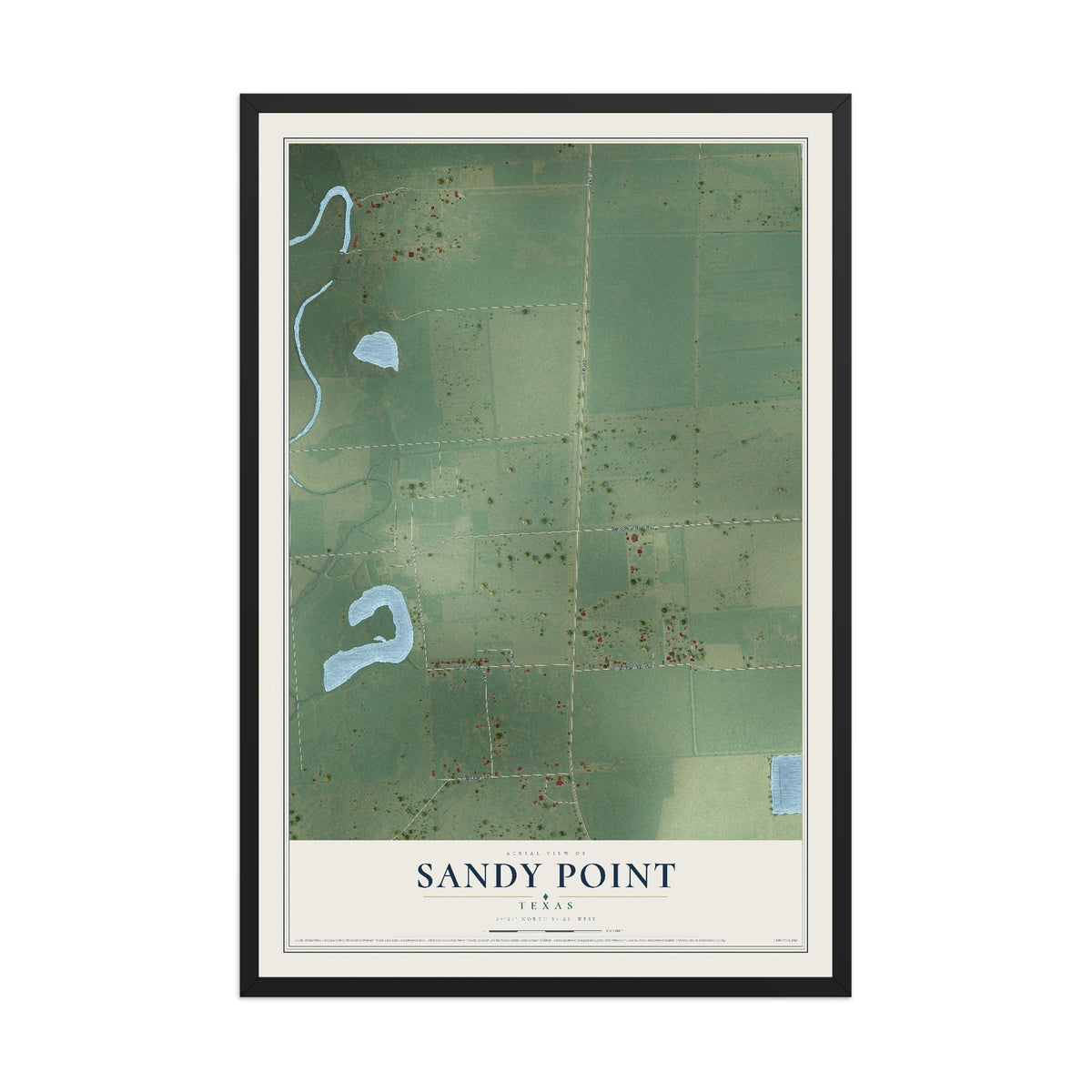 Map of Sandy Point, Texas, 12 x 18 inch print in a black wood frame