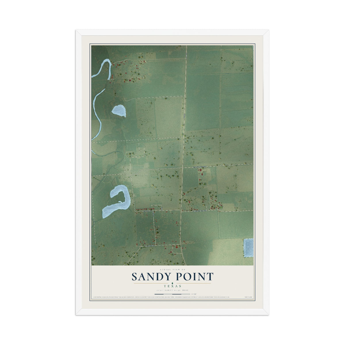 Map of Sandy Point, Texas, 12 x 18 inch print in a white wood frame