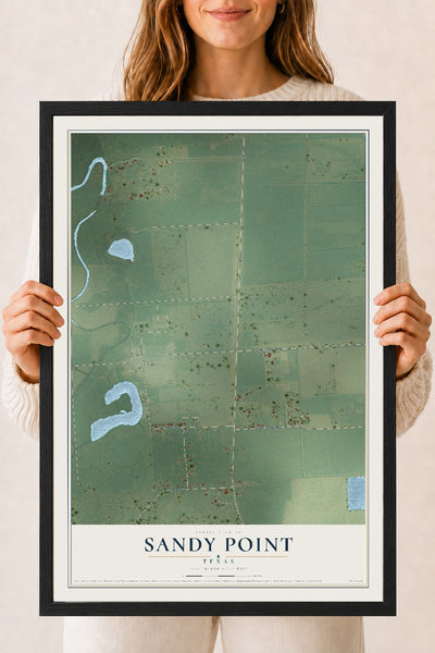 Map of Sandy Point, Texas, 18 x 24 inch print in a black wood frame