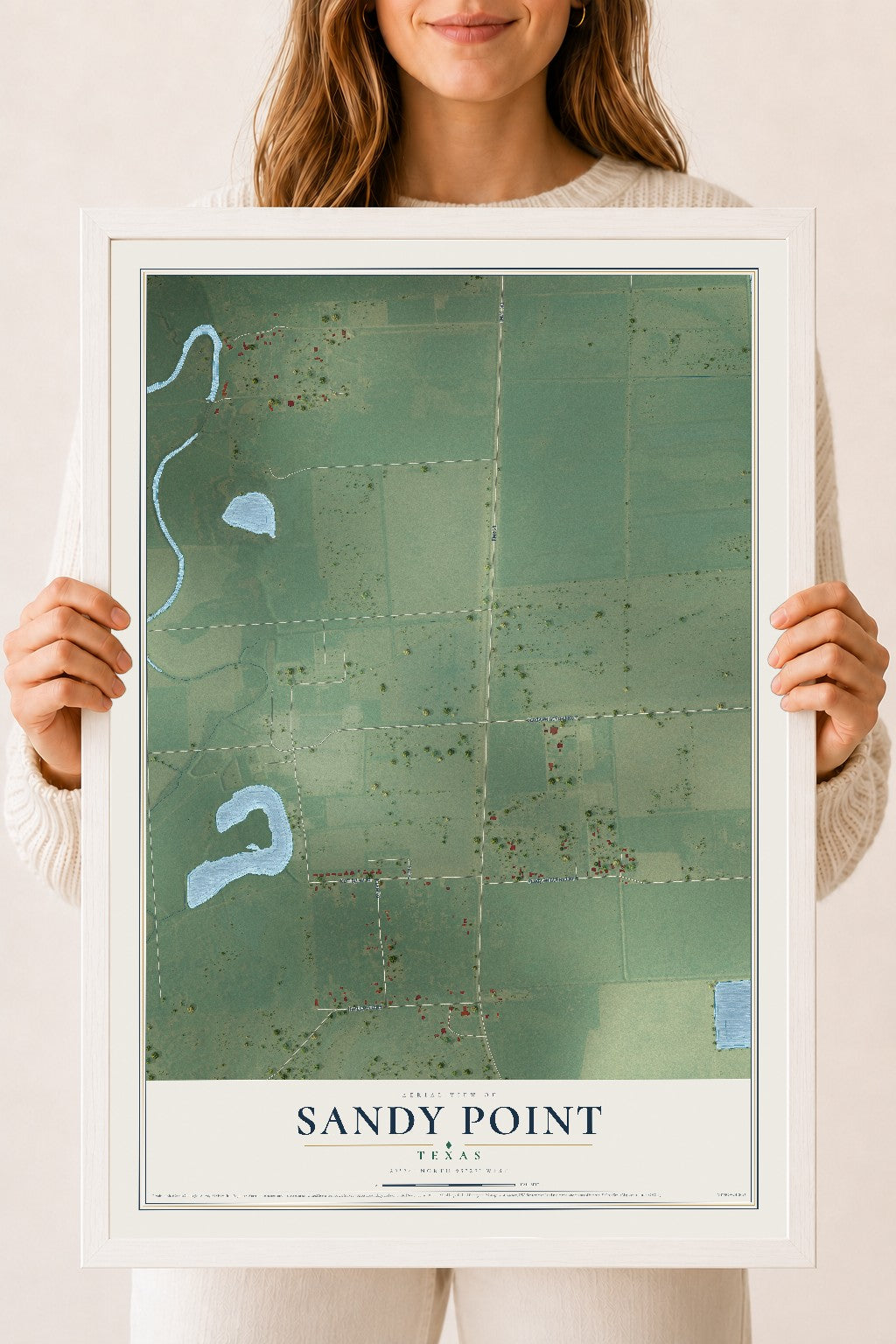 Map of Sandy Point, Texas, 18 x 24 inch print in a white wood frame