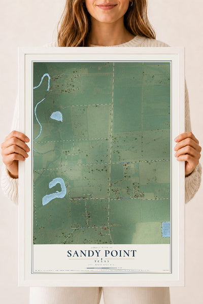 Map of Sandy Point, Texas, 18 x 24 inch print in a white wood frame