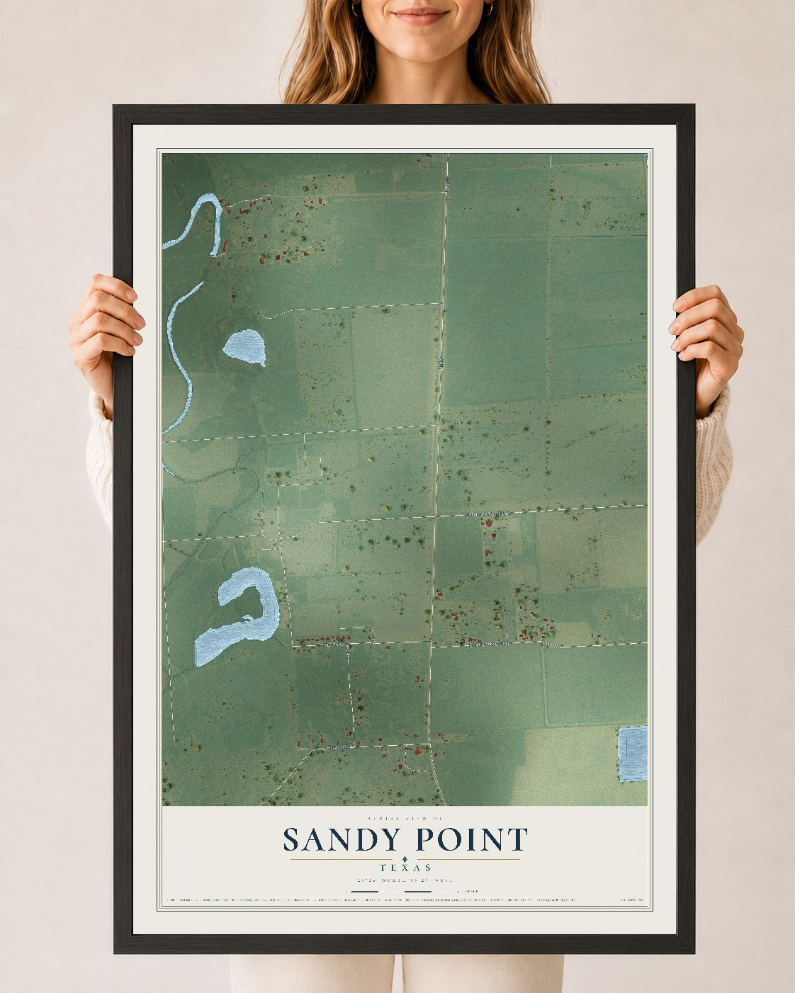 Map of Sandy Point, Texas, 24 x 36 inch print in a black wood frame