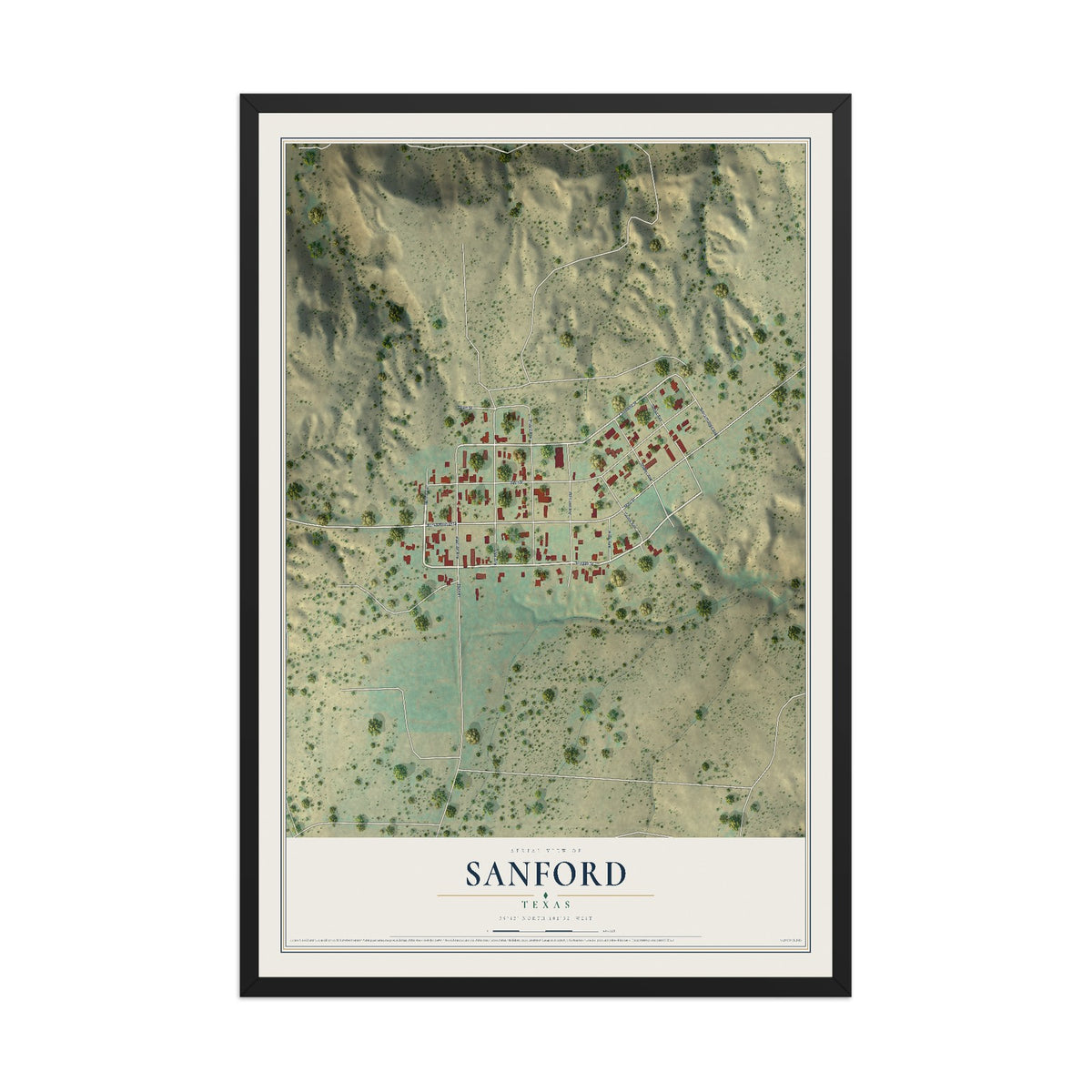 Map of Sanford, Texas, 12 x 18 inch print in a black wood frame