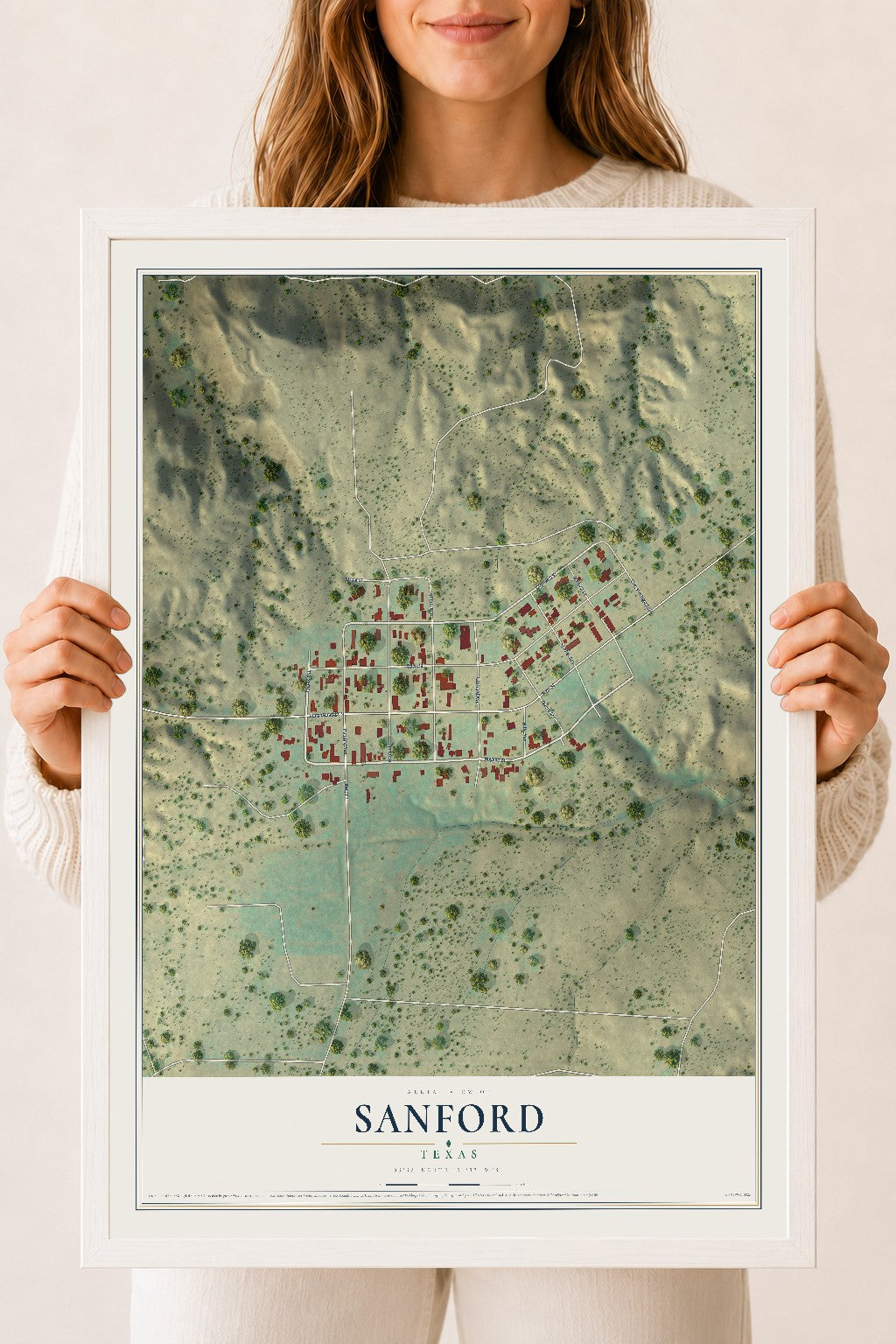 Map of Sanford, Texas, 18 x 24 inch print in a white wood frame