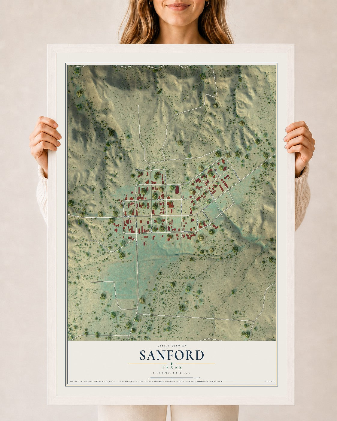 Map of Sanford, Texas, 24 x 36 inch print in a white wood frame