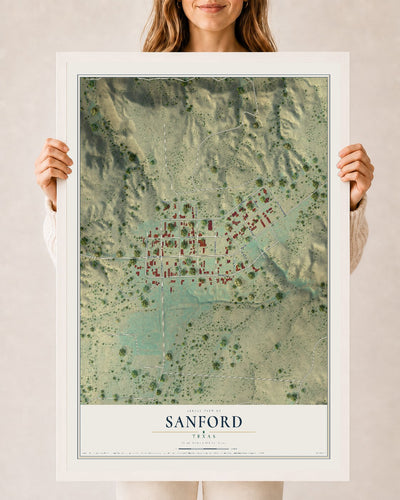Map of Sanford, Texas, 24 x 36 inch print in a white wood frame