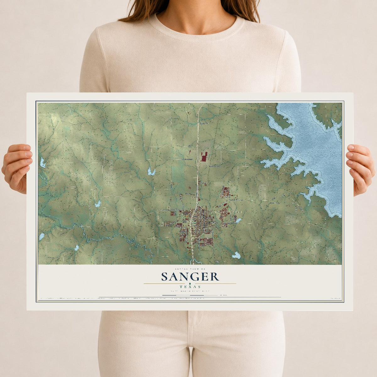 Map of Sanger, Texas, 12 x 18 inch unframed archival matte print
