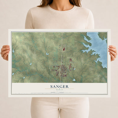 Map of Sanger, Texas, 12 x 18 inch unframed archival matte print
