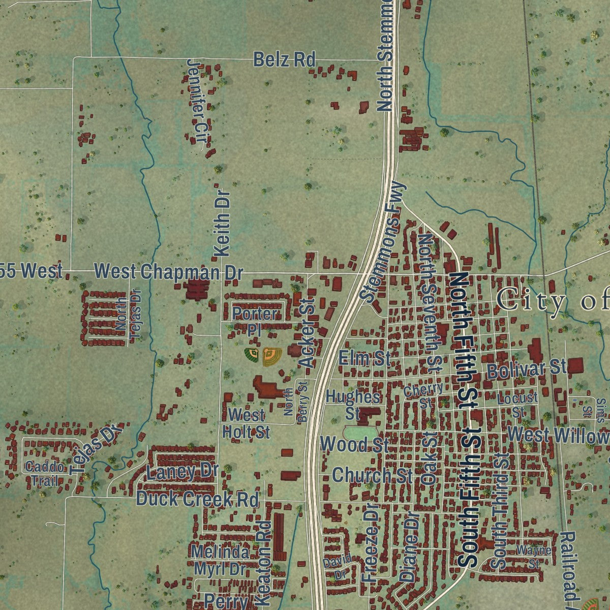 Close-up of the map of Sanger, Texas print showing street and building detail