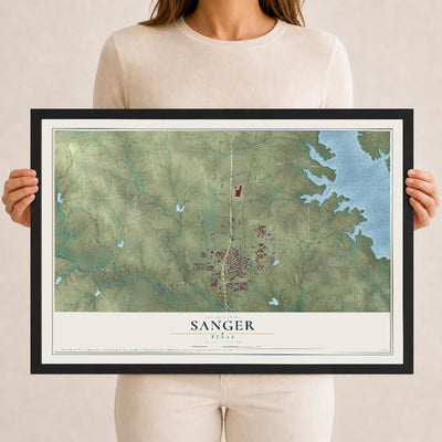Map of Sanger, Texas, 12 x 18 inch print in a black wood frame