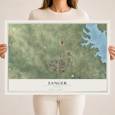 Map of Sanger, Texas, 18 x 24 inch unframed archival matte print