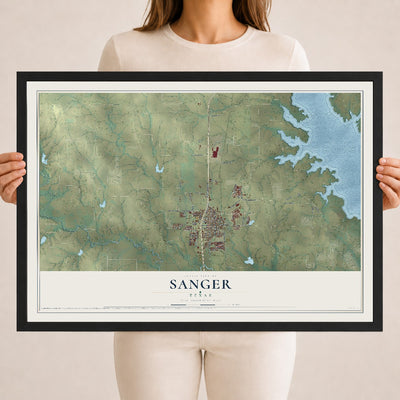 Map of Sanger, Texas, 18 x 24 inch print in a black wood frame