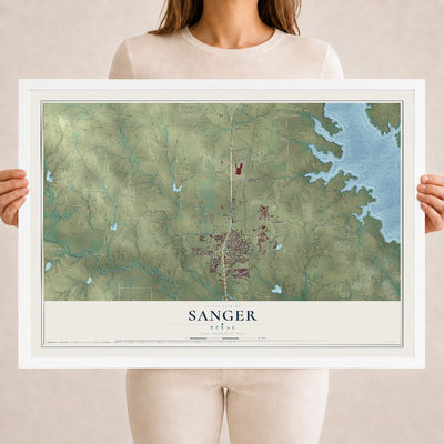 Map of Sanger, Texas, 18 x 24 inch print in a white wood frame