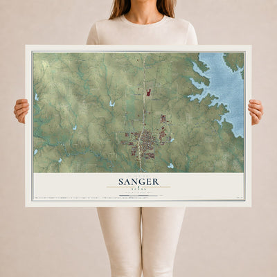 Map of Sanger, Texas, 24 x 36 inch unframed archival matte print