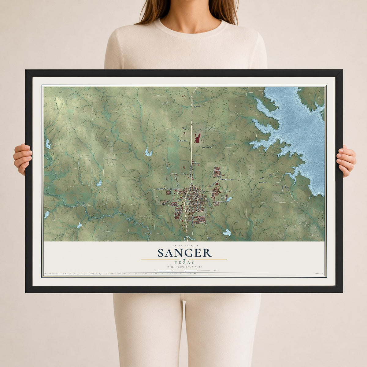 Map of Sanger, Texas, 24 x 36 inch print in a black wood frame