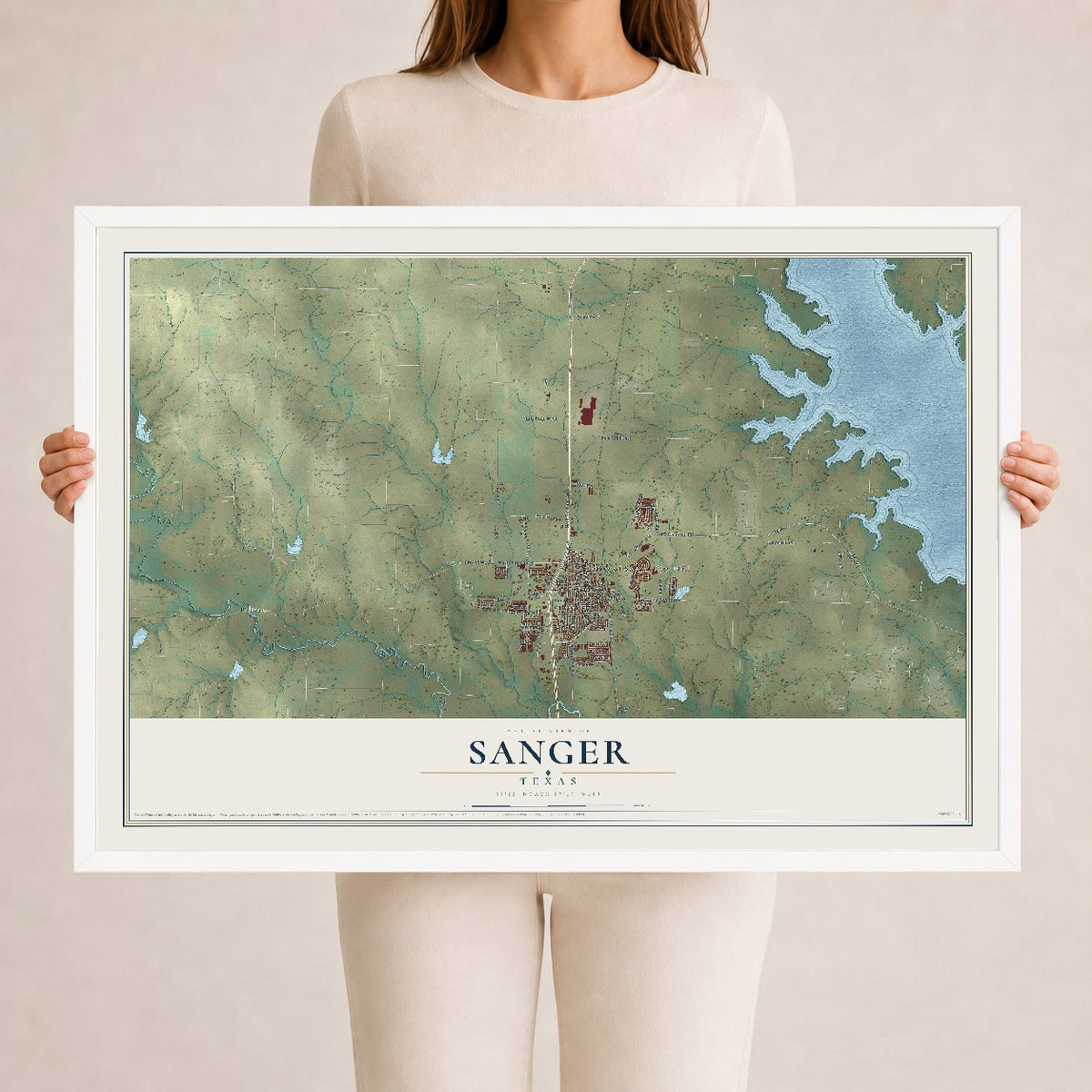 Map of Sanger, Texas, 24 x 36 inch print in a white wood frame