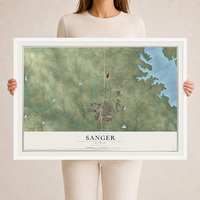 Map of Sanger, Texas, 24 x 36 inch print in a white wood frame