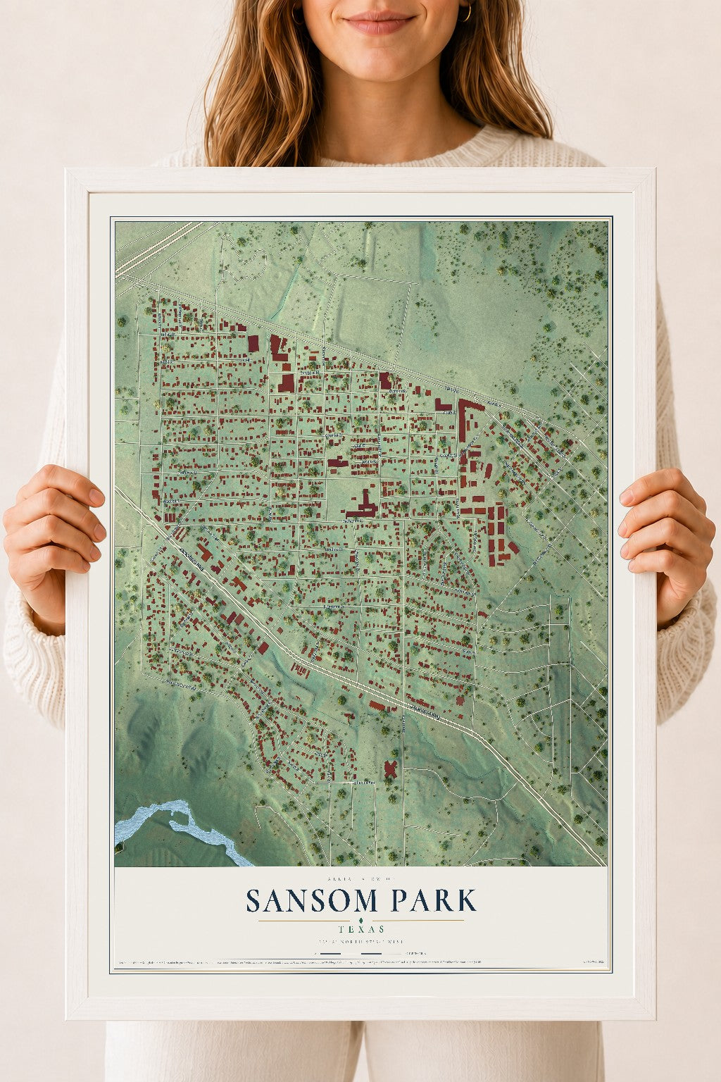 Map of Sansom Park, Texas, 18 x 24 inch print in a white wood frame