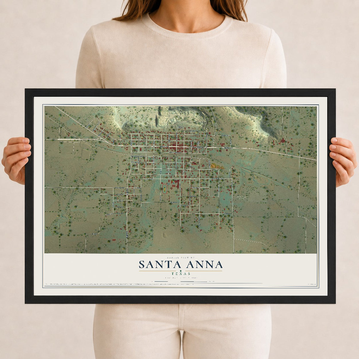 Map of Santa Anna, Texas, 12 x 18 inch print in a black wood frame