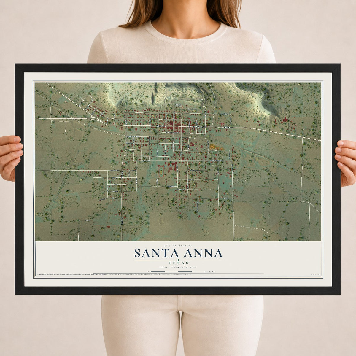 Map of Santa Anna, Texas, 18 x 24 inch print in a black wood frame