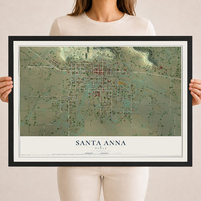 Map of Santa Anna, Texas, 18 x 24 inch print in a black wood frame