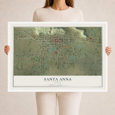 Map of Santa Anna, Texas, 24 x 36 inch print in a white wood frame