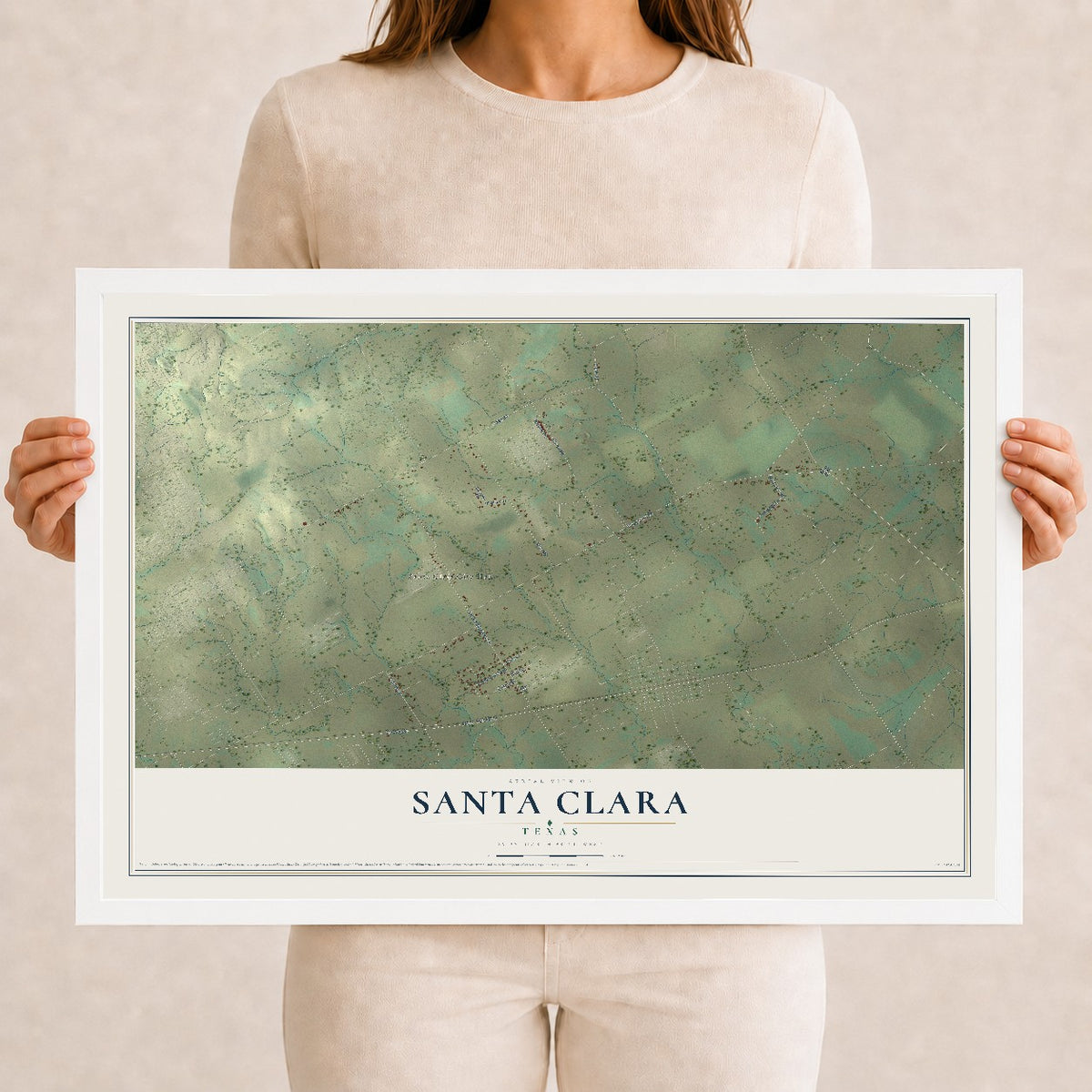 Map of Santa Clara, Texas, 12 x 18 inch print in a white wood frame