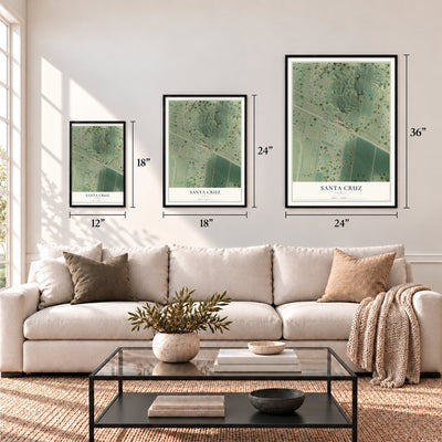 Santa Cruz, Texas map in 12 x 18, 18 x 24 and 24 x 36 inch sizes above a sofa