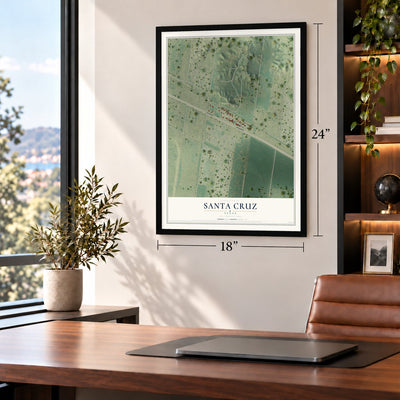 Santa Cruz, Texas map, 18 x 24 inch print in a black frame in a home office