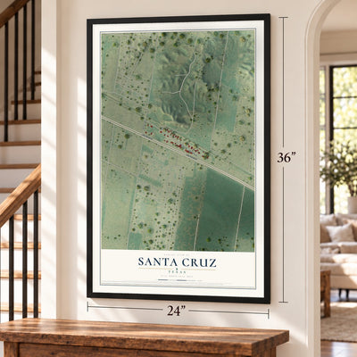 Santa Cruz, Texas map, 24 x 36 inch print in a black frame by a staircase