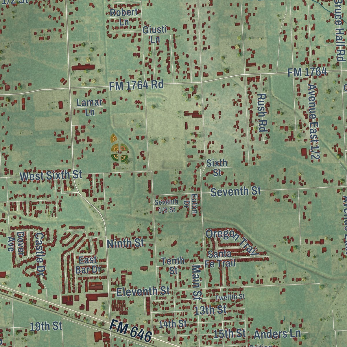 Close-up of the map of Santa Fe, Texas print showing street and building detail