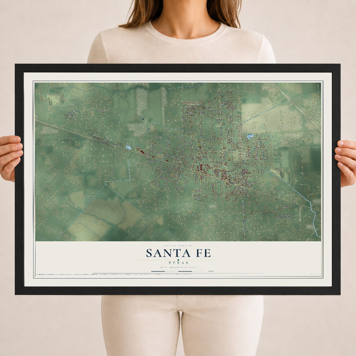 Map of Santa Fe, Texas, 18 x 24 inch print in a black wood frame