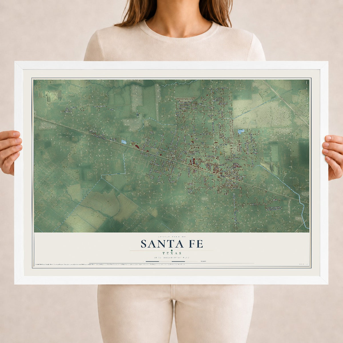 Map of Santa Fe, Texas, 18 x 24 inch print in a white wood frame