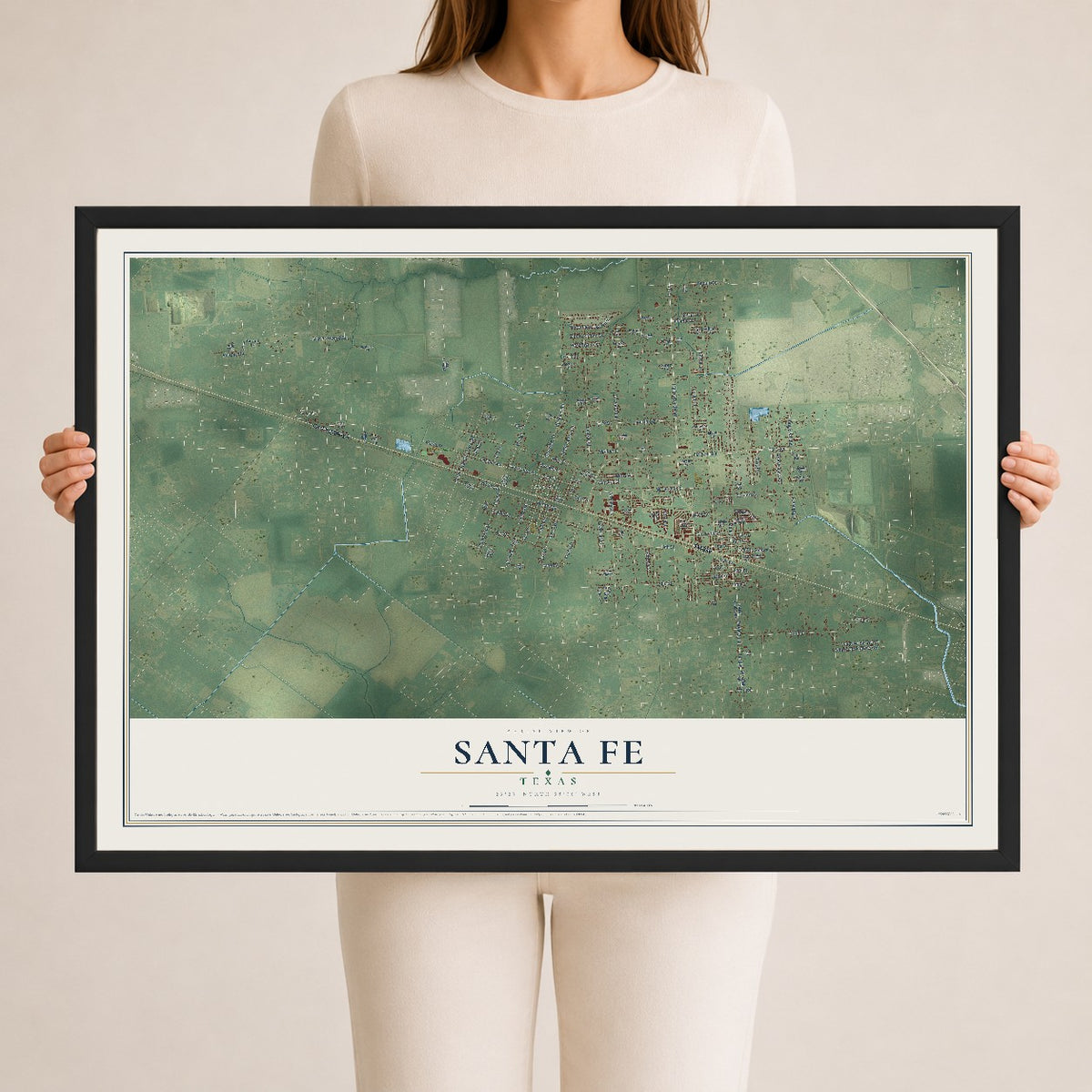 Map of Santa Fe, Texas, 24 x 36 inch print in a black wood frame