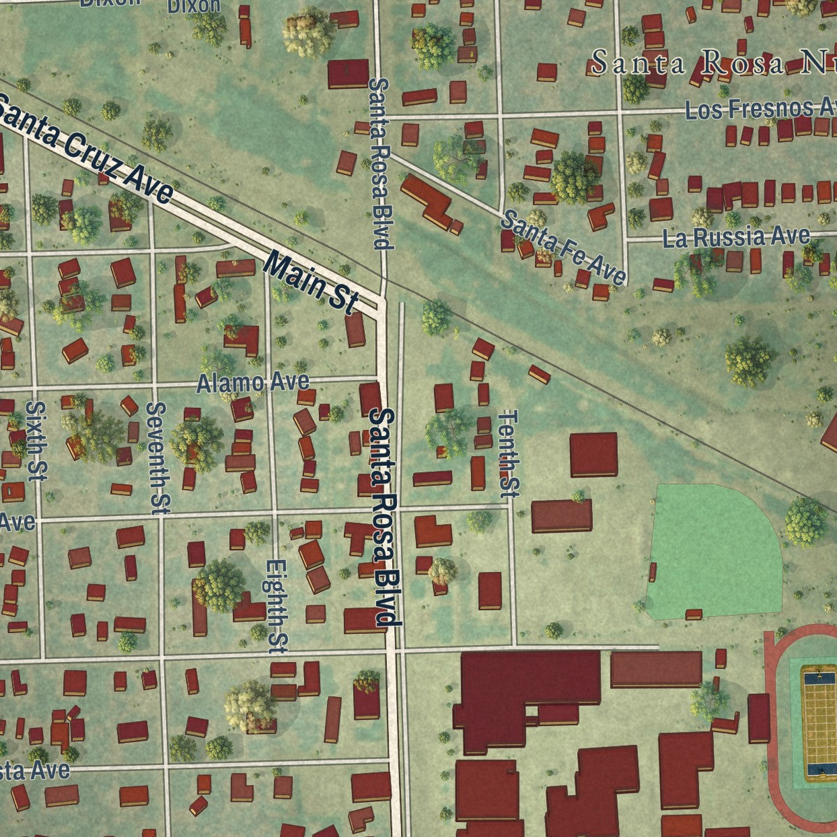 Close-up of the map of Santa Rosa, Texas print showing street and building detail