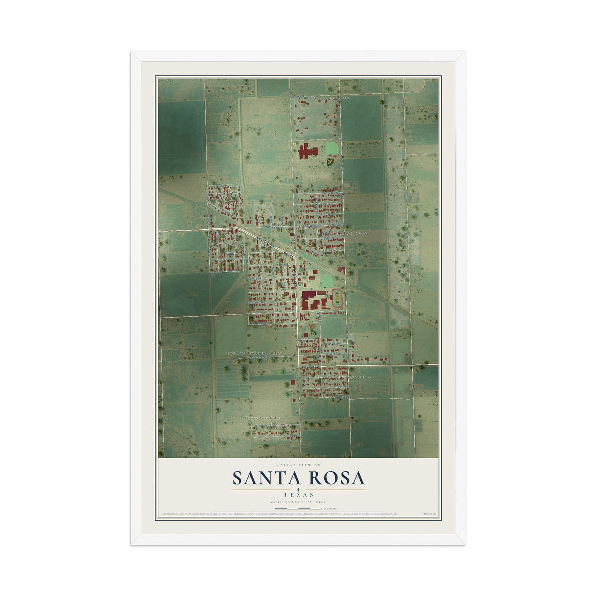 Map of Santa Rosa, Texas, 12 x 18 inch print in a white wood frame