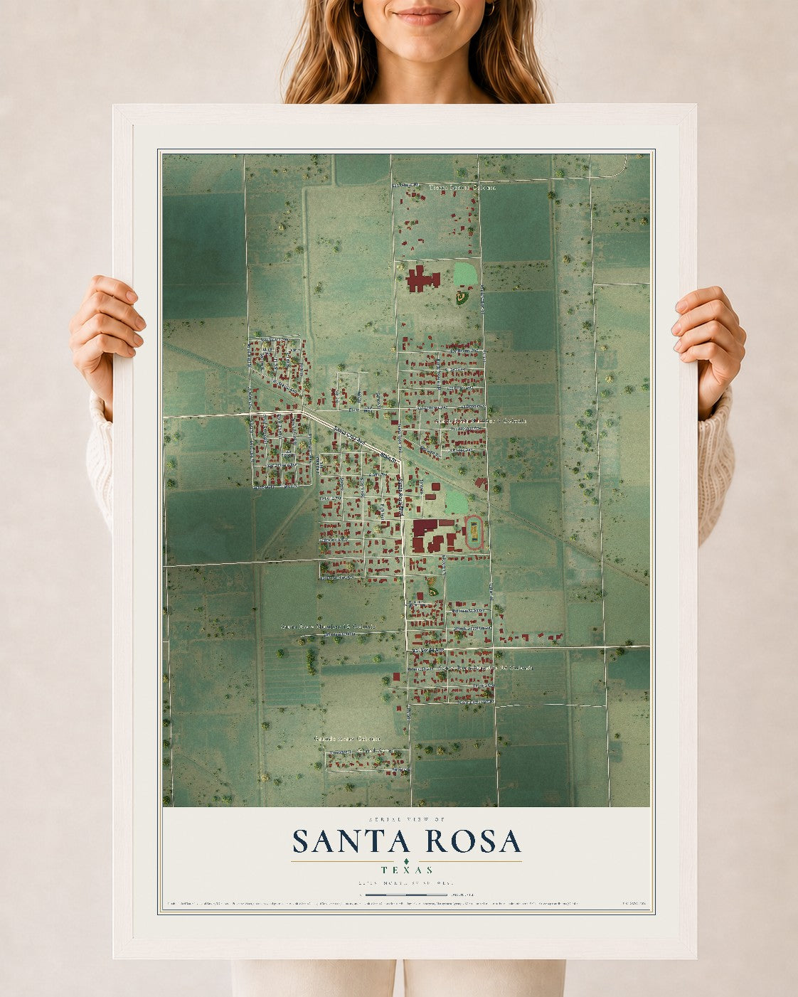 Map of Santa Rosa, Texas, 24 x 36 inch print in a white wood frame