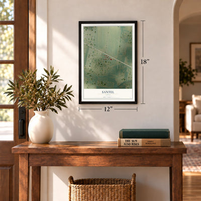 Santel, Texas map, 12 x 18 inch print in a black frame in an entryway