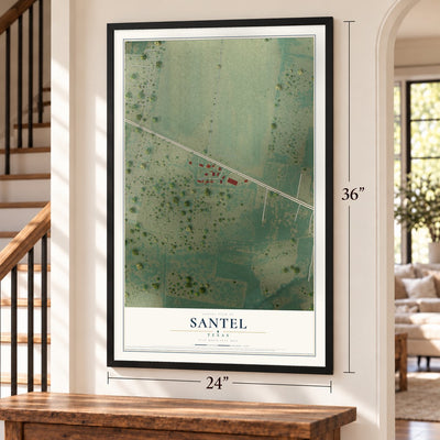 Santel, Texas map, 24 x 36 inch print in a black frame by a staircase