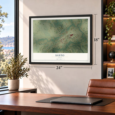 Santo, Texas map, 18 x 24 inch print in a black frame in a home office