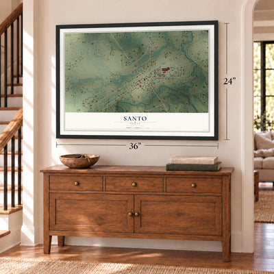 Santo, Texas map, 24 x 36 inch print in a black frame above a dresser by a staircase