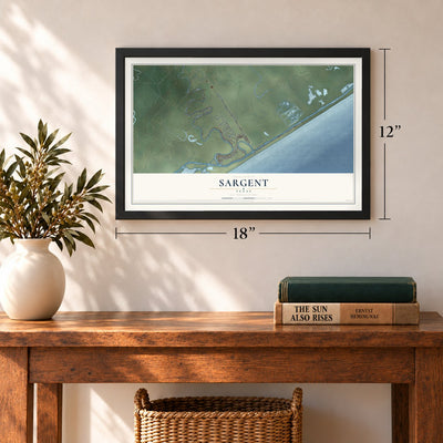 Sargent, Texas map, 12 x 18 inch print in a black frame in an entryway